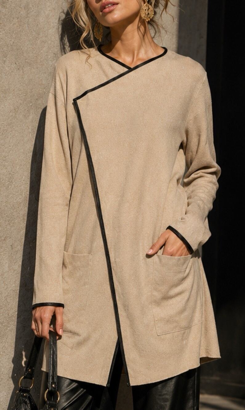Zara Knit Women’s Small Beige Tan Long Cardigan Coat Black Trim Pockets Jacket
